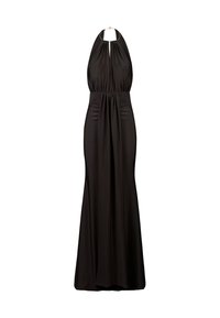 Schwarzes Halsbänder-Kleid aus glattem Stoff, mit einem Schlüsselloch-Ausschnitt, gerafftem Taillenbereich und fließendem, bodenlangen Rock.