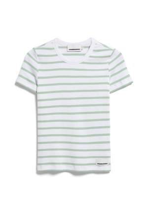 Weißes T-Shirt mit kurzen Ärmeln und grünen horizontalen Streifen, ausgestattet mit einem Rundhalsausschnitt und einem kleinen Etikett am Saum, das den Markennamen zeigt.