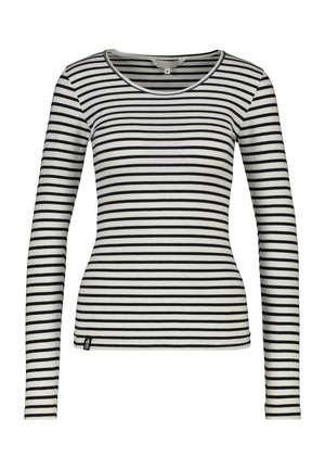 Weißes, langärmliges, tailliertes Hemd mit schwarzen horizontalen Streifen und rundem Ausschnitt.