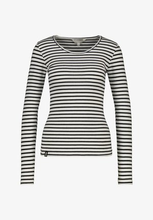 Weißes, langärmliges, tailliertes Hemd mit schwarzen horizontalen Streifen und rundem Ausschnitt.