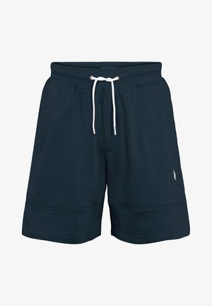 Șorturi bleumarin dintr-un material moale, cu un elastic la brâu, o sfoară albă și un mic logo brodat în partea din față.