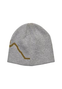 Grijze gebreide beanie met een gestructureerd patroon en een contrasterend gouden zigzagontwerp. De vorm is rond met een zachte, flexibele pasvorm.