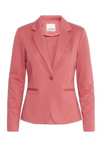 Roze blazer van zachte stof, met een gelapt kraag, sluiting met één knoop, en twee voorzakken met horizontale naaddetails.