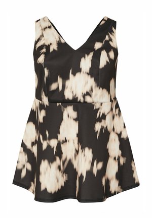 Zwarte mouwloze top met V-hals en crème abstract bloemenpatroon, aansluitend bij de taille en licht uitlopend aan de zoom.