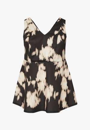 Musta hihaton toppi, jossa on V-kaula-aukko ja kerma valkoiset abstraktit kukkakuviot; istuu vyötäröltä tiukasti ja levenee hieman helmasta.