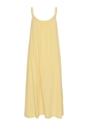 Yellow, sleeveless, A-line dress made of lightweight fabric. Features a gathered neckline and adjustable straps for comfort.