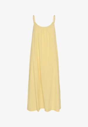 Geel, mouwloos A-lijn jurkje van lichtgewicht stof. Voorzien van een geplooide halslijn en verstelbare bandjes voor extra comfort.