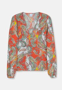 Langärmeliges Bluse in kräftigem Orange mit einem Paisleymuster, das grüne und pinke Akzente aufweist. Leichter Stoff mit glatter Textur.