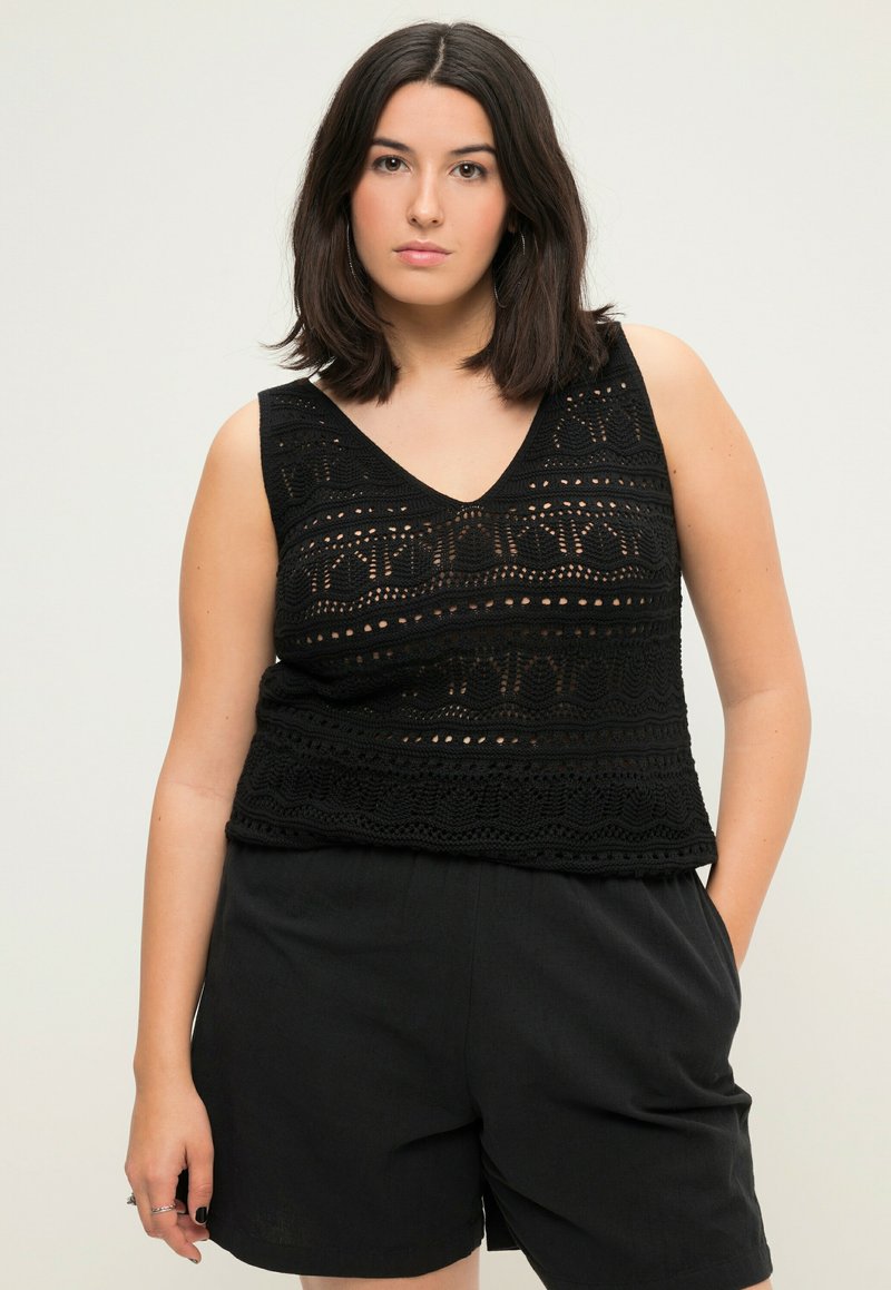 Studio Untold AJOUR V-AUSSCHNITT WELLENSAUM - Top - black