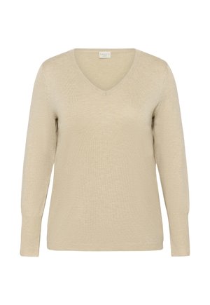 Pull beige à col en V à manches longues avec poignets et ourlet côtelés, fabriqué à partir d'un tissu en maille fine.