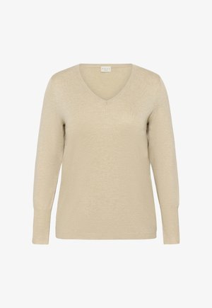 Béžový dlhý sveter s výstrihom do V, so žebrovanými manžetami a lemom, vyrobený z jemnej pleteniny.