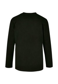 Langärmliges schwarzes Shirt aus Baumwolle; hat einen runden Ausschnitt und einen geraden Schnitt; keine sichtbaren Nähte oder Verzierungen.
