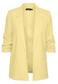 Yellow, unstructured blazer with three-quarter ruched sleeves and two front pockets. Made of soft fabric, featuring a lapel collar and open front.