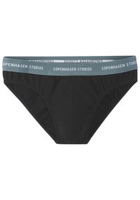 Sorte bikini-style truser med en lyseblå elastisk linning som har teksten "Copenhagen Studios". Glatt tekstur, tettsittende design.