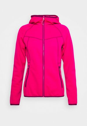 Felroze kapjack met een ritssluiting aan de voorkant en ritssluitingen aan de zijzakken, met donkere biezen aan de mouwen en zoom.