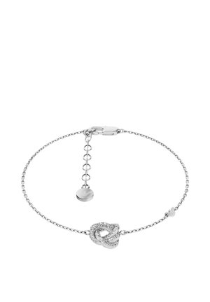 Feines silbernes Kettenarmband mit einem verschlungenen herzförmigen Anhänger, verziert mit kleinen Kristallen und einem verstellbaren Verschluss mit rundem Anhänger.