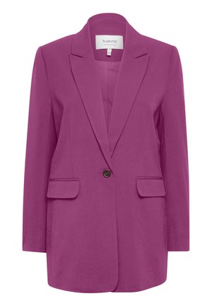 Fuchsia blazer with a notched collar, single button closure, and two front pockets. Smooth fabric with a structured silhouette.