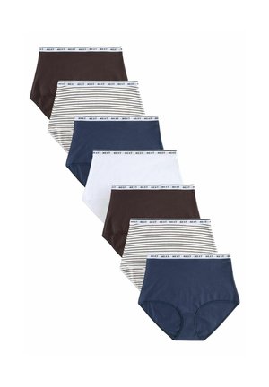 Zeven paar hoge taille damesonderbroeken in verschillende kleuren: donkerbruin, marineblauw, wit en gestreept, voorzien van een elastische tailleband met het "NEXT" logo.