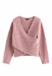 Maglione rosa morbido con design avvolgente, maniche lunghe e scollatura a V profonda. Il tessuto presenta una finitura soffice e texture con bordi sfilacciati.