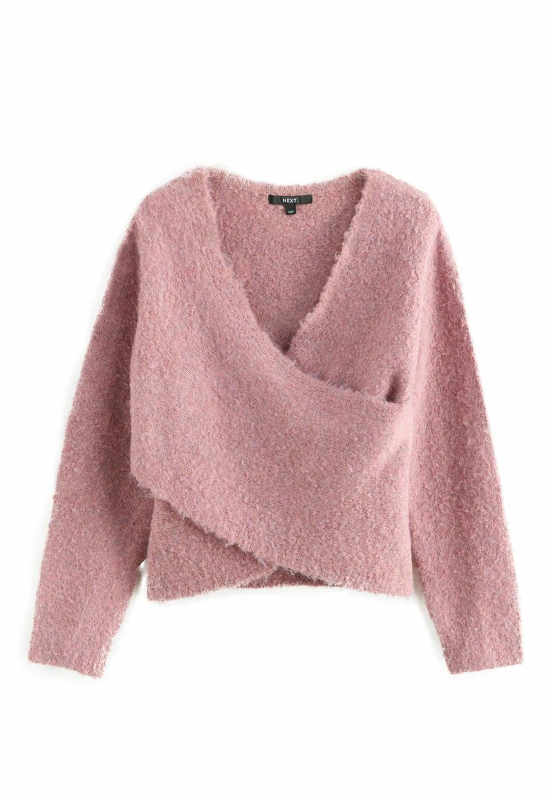 Maglione rosa morbido con design avvolgente, maniche lunghe e scollatura a V profonda. Il tessuto presenta una finitura soffice e texture con bordi sfilacciati.