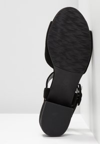 Semelle de sandale noire avec avant et talon texturés, inclinée contre une surface d'angle blanche.