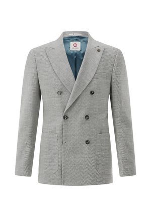Light grey double-breasted blazer with herringbone pattern, notch lapels, black buttons, two front pockets, and blue inner lining.
