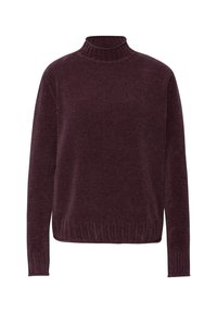 Lila Rollkragenpullover aus strukturiertem Stoff mit langen Ärmeln und geripptem Saum. Einfaches Design mit figurbetonter Silhouette.