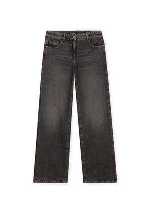 Wide-leg black denim jeans with a faded finish, featuring a button and zip fly, five pockets, and stitched detailing along the edges.