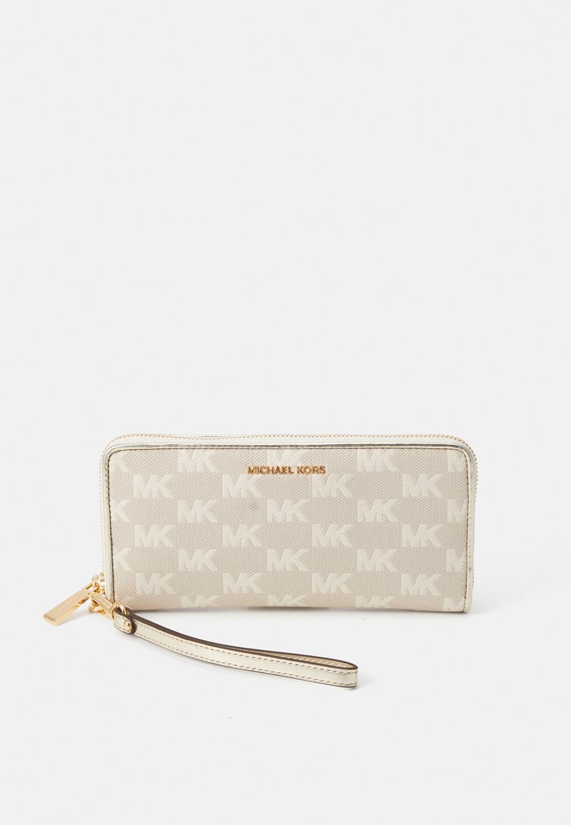 Beige Michael Kors zip-around wallet with repeating MK logo pattern and detachable wrist strap on white background.