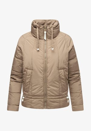 Beżowa kurtka puchowa z wysokim kołnierzem, przednim zapięciem na zamek, dwiema bocznymi kieszeniami oraz sznurkowym wykończeniem przy kołnierzu i u dołu. Gładka, pikowana tekstura.