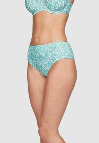 Turkos högmidjad bikiniunderdel med ett blommönster i vitt och rosa. Tillverkad av elastiskt material med en mjuk yta.
