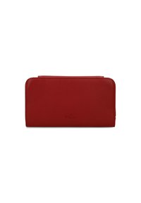 Red leather wallet with a sleek design, featuring a smooth texture and subtle logo detail. Zipper closure along the edge.