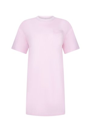 T-shirt en coton rose à manches courtes, col rond et poche sur le côté gauche de la poitrine. Texture lisse avec une coupe décontractée et un ourlet droit.