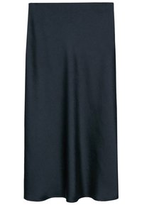 Donker marineblauwe midi-rok met een gladde textuur, met een eenvoudige silhouet en zonder zichtbare hardware of versieringen.