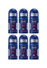 NIVEA Men Dry Impact antiperspirant in a blue plastic roll-on bottle. Features a rounded cap, labels in red and silver, and a 50ml capacity.