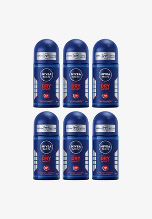 NIVEA Men Dry Impact Antitranspirant in einer blauen Kunststoff-Roll-On-Flasche. Mit einem runden Deckel, Etiketten in Rot und Silber und einem Fassungsvermögen von 50 ml.