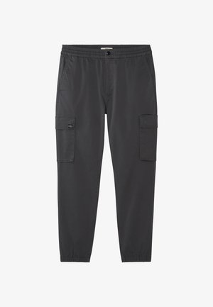 Dunkelgraue Cargo-Hose mit elastischem Bund und Bündchen, seitlichen Klappentaschen, vorderen schrägen Taschen und Knopfverschluss an der Taille.