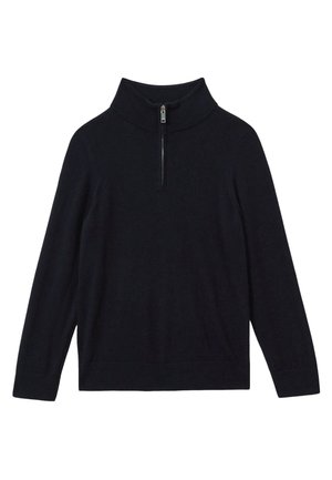 Pull noir à manches longues avec col montant et demi-fermeture éclair devant, poignets et ourlet côtelés, texture tricotée unie.