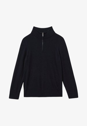 Pull noir à manches longues avec col montant et demi-fermeture éclair devant, poignets et ourlet côtelés, texture tricotée unie.