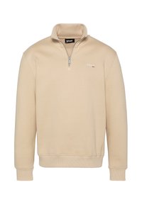Beżowy sweter z kapturem z zamkiem przy szyi, z prążkowanymi mankietami i dołem, z delikatnym logo z przodu. Wykonany z miękkiej mieszanki bawełny.