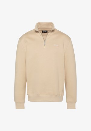 Beiger Pullover-Sweatshirt mit Reißverschlusskragen, gerippten Bündchen und Saum, mit einem dezenten Logo auf der Vorderseite. Hergestellt aus weichem Baumwollmischgewebe.