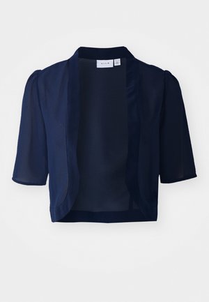 Navyfarbener Kurzarm-Blazer mit leichtem, durchscheinendem Design, offenem Vorderteil und weicher Textur. Mit dezenten Puffärmeln und ohne Verschlüsse.