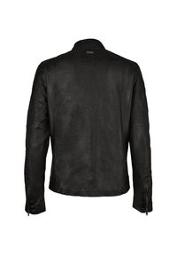 Schwarze Lederjacke mit glatter Textur, Stehkragen und tailliertem Schnitt. Verfügt über Reißverschlussmanschetten und minimalistische Nähte.