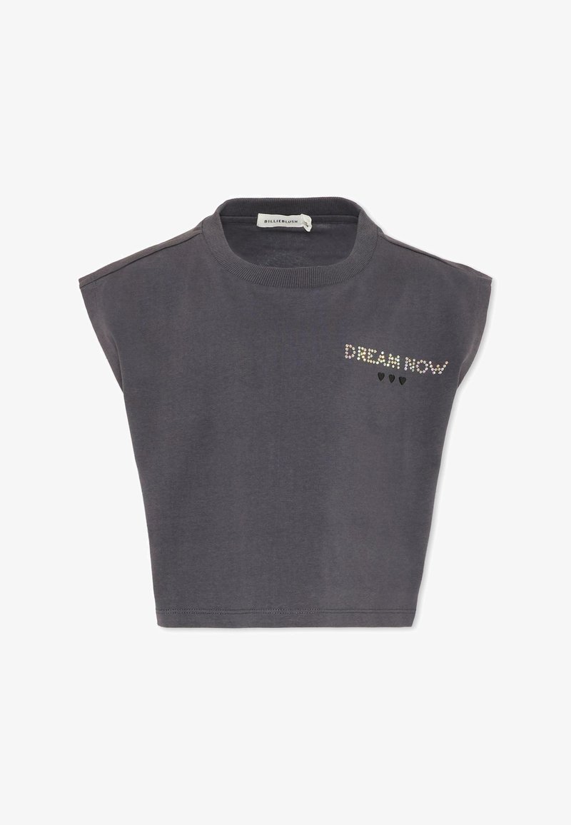 T-shirt gris raccourci à manches courtes, col rond, avec le texte "DREAM NOW" en strass sur le devant. Matière en coton doux.