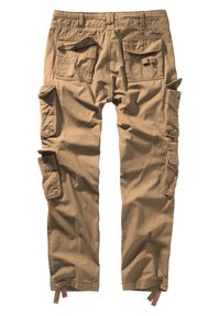 Pantalon cargo beige avec plusieurs poches à rabat sur les jambes et dans le dos, fermetures par boutons et liens réglables aux chevilles, vu de dos.