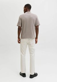 Polo grigia a maniche corte con trama, indossata con pantaloni chiari e scarpe nere, vista da dietro. Motivo sottile visibile.