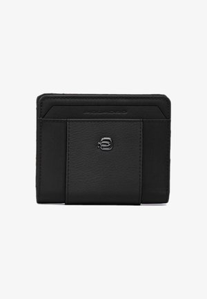 Black leather cardholder with a textured finish, front slot pocket, and a silver logo detail. Compact rectangular design with stitched edges.