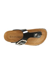 Sandal in pelle verniciata nera con una fascia larga, fibbia regolabile e una soletta imbottita color tan con logo impresso.