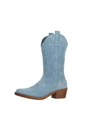 Lichtblauwe suède cowboylaars met een puntige teen, decoratieve stiksels, verhoogde hak en aantreklussen op de schacht voor gemakkelijk aan- en uittrekken.