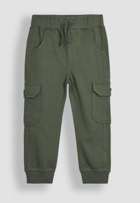 Olijfgroene sweatpants van zachte stof, met een trekkoord in de taille, zijzakken en twee cargozakken, met boorden aan de onderkant.